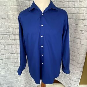 VanHeusen button down dress shirt men 17 34/35 blue Lux sateen no iron